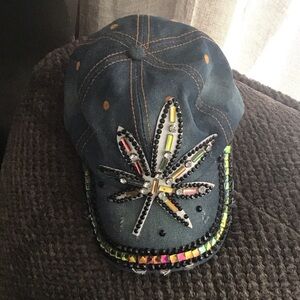 Embellished Denim Cap with Leaf Design
